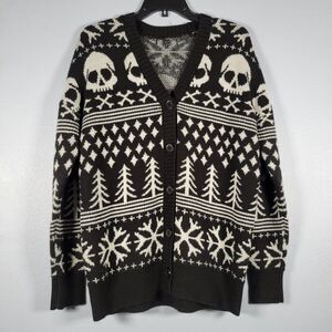 Hot Topic Skulls Bones Fair Isle Cardigan Oversized Gothic Christmas Whimsigoth